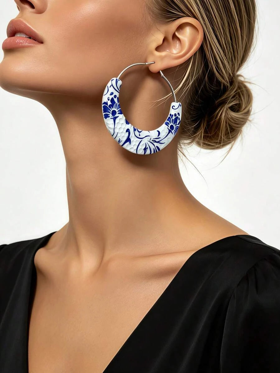 Porcelain Print Hammered Hoop Earrings