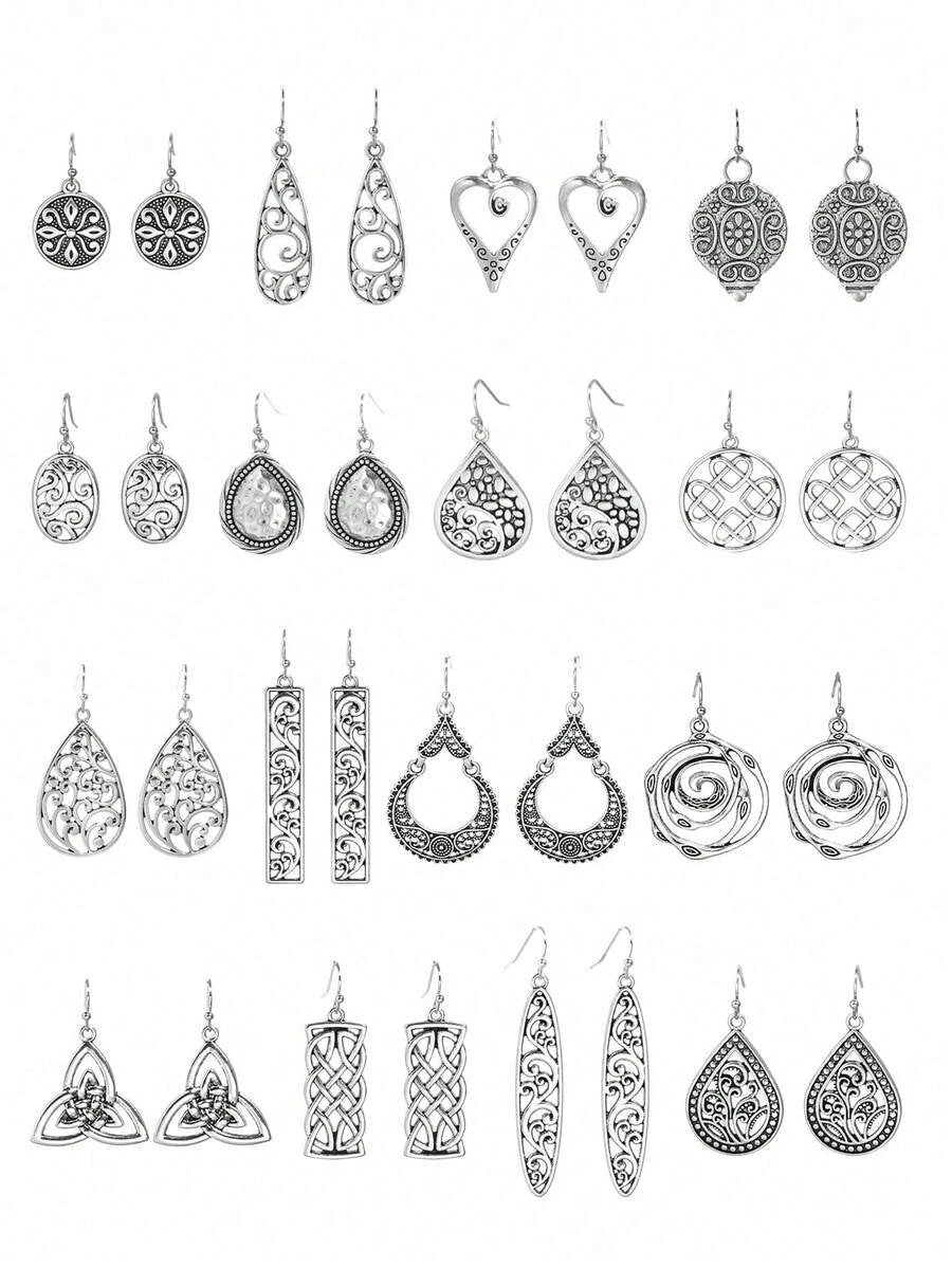 16 Pairs Bohemian Vintage Hollow Heart Earrings Set, Fashion Delicate Versatile High-End Design, Suitable For Women's Daily Wear