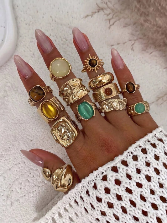 13pcs Sun Lava Liquid Metal Asymmetrical Flowing Or Hammered Texture Vintage Bohemian Style Maximalist Multi-Size Ring Set