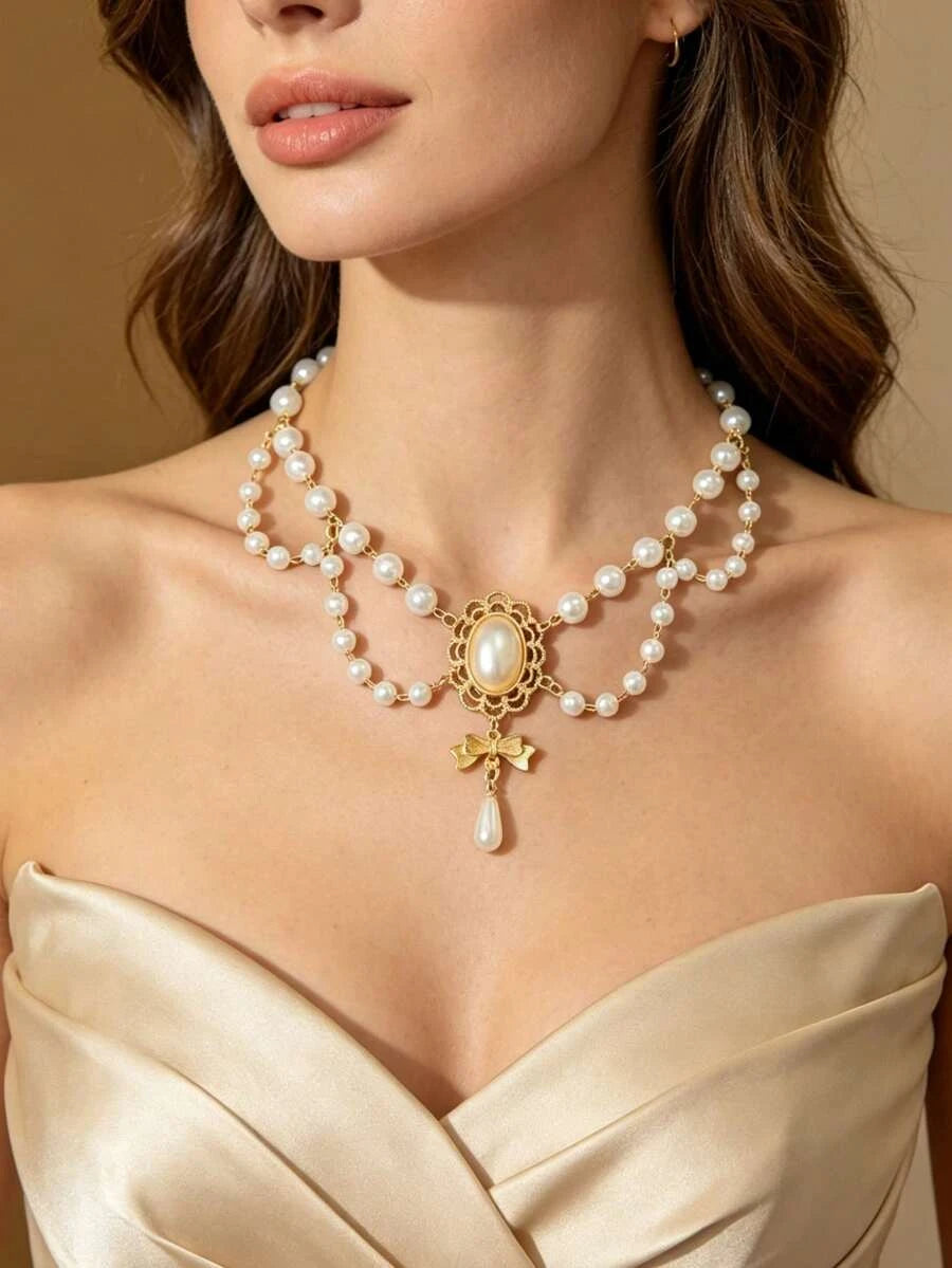 Retro Baroque Faux Pearl Tassel Necklace