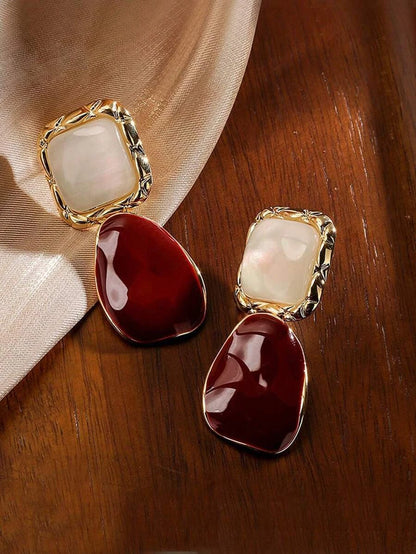 Burgundy Retro Square Asymmetrical Earrings