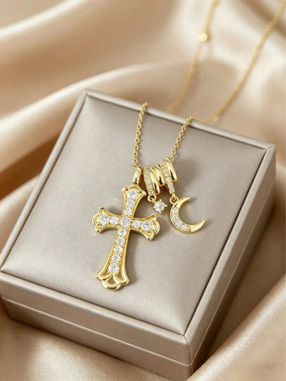 Gold Waterproof Stainless Steel Double Cross Necklace