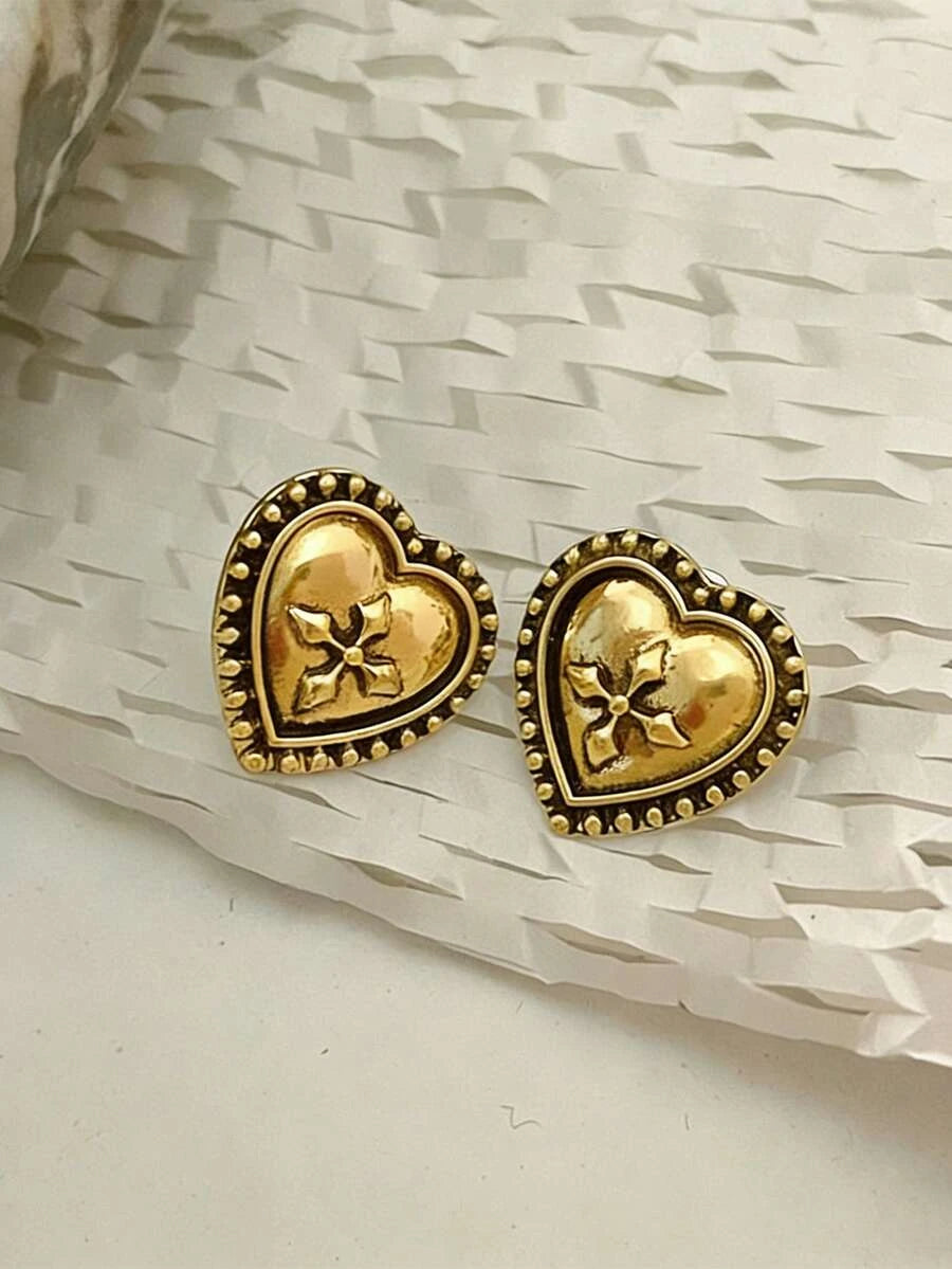 Vintage Carved Heart Stud Earrings