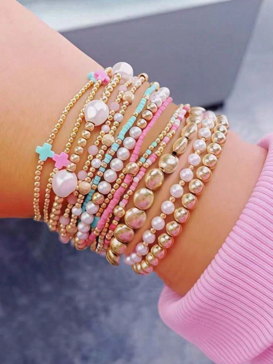 Golden Bead Faux Pearl Bracelet Set