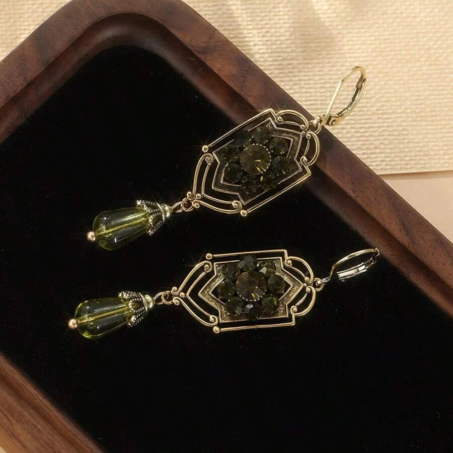 Vintage Water Drop Green Cubic Zirconia Earrings