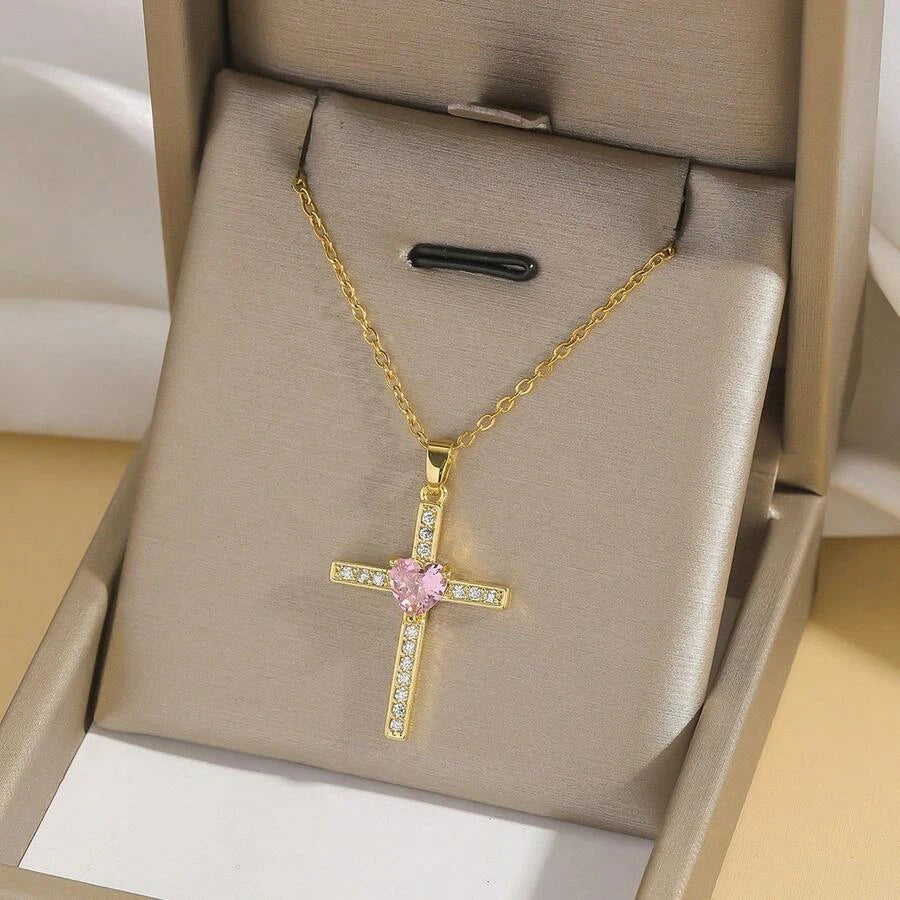 Gold Waterproof Stainless Steel Double Cross Necklace
