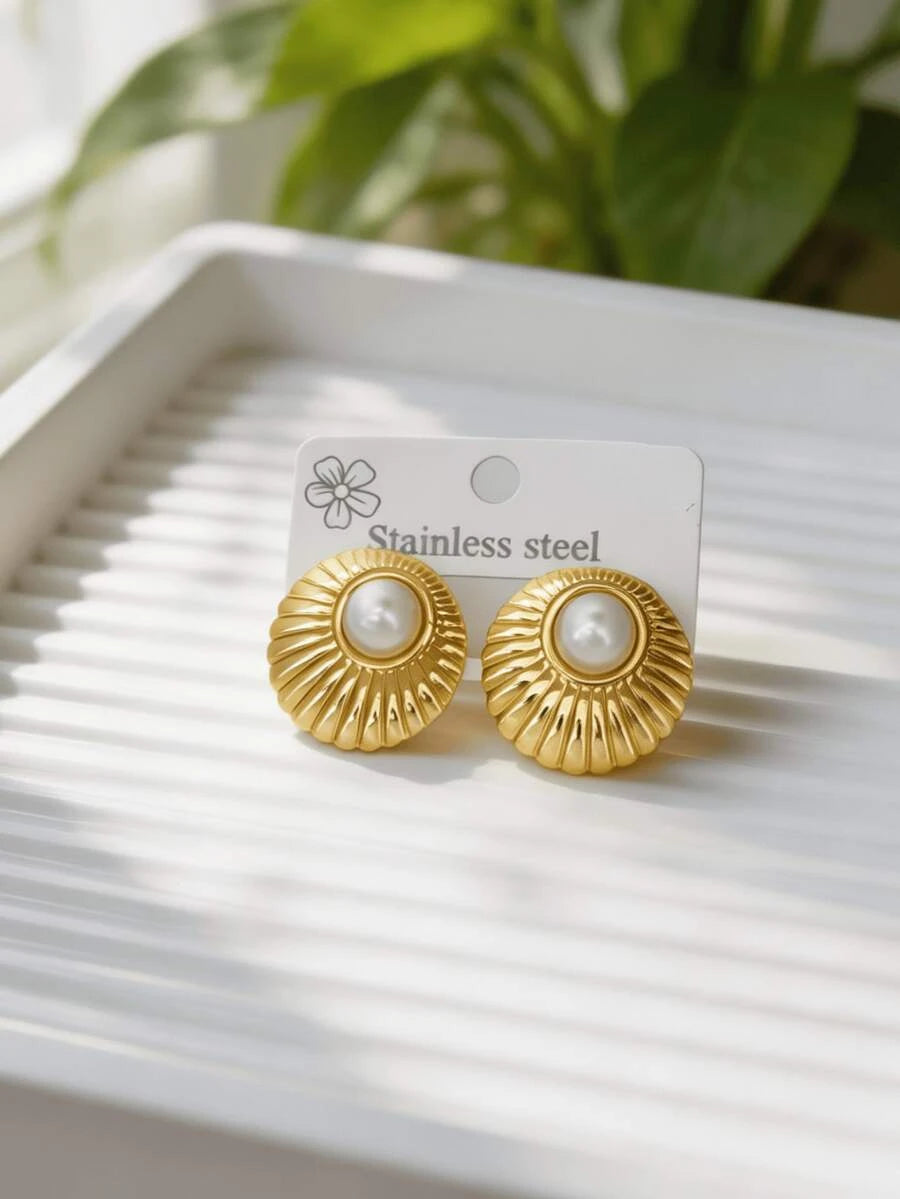 Gold Stainless Steel Vintage Textured Stud Earrings