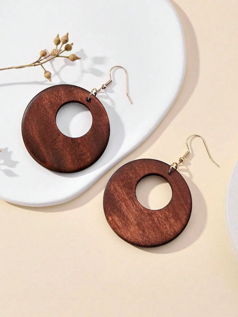 Vintage Wooden Hollow Round Pendant Earrings