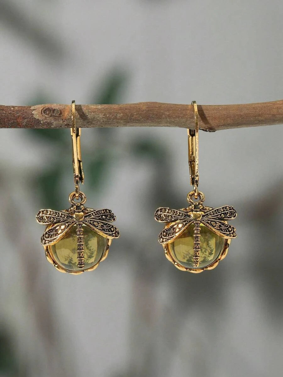 Vintage Dragonfly Green Crystal Pendant Earrings