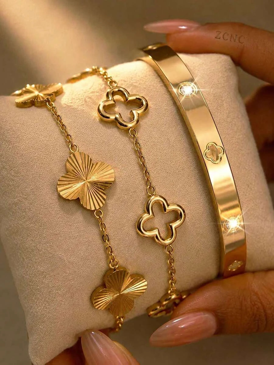 Floral Rhinestone Gold Plated Bracelet Set