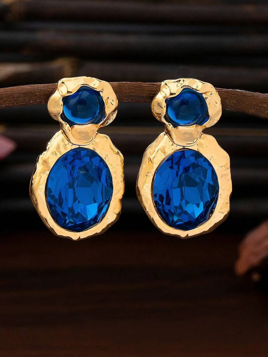 Minimalist Blue Oval Gemstone Asymmetrical Earrings
