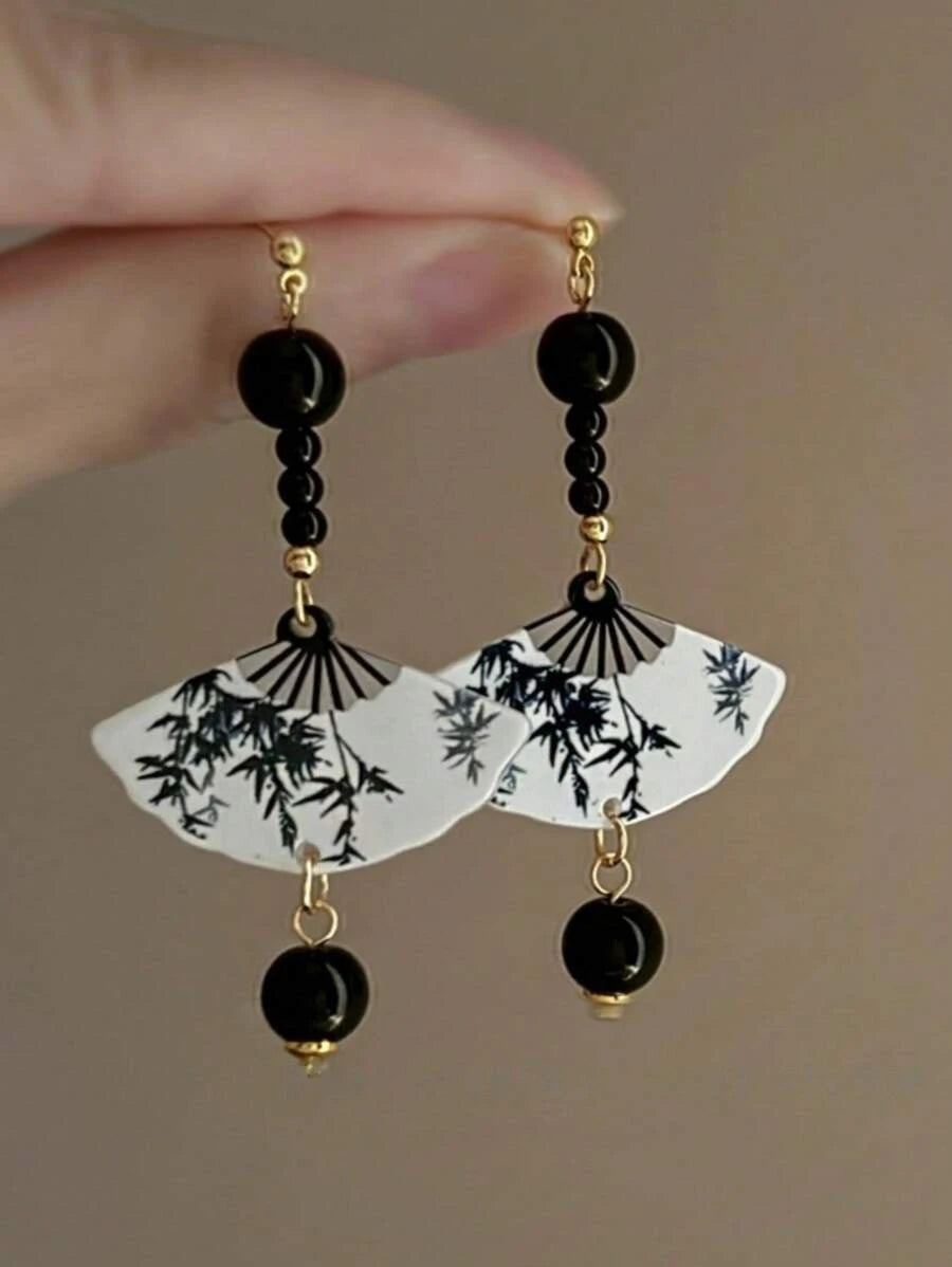 Retro Chinese Fan Resin Earrings