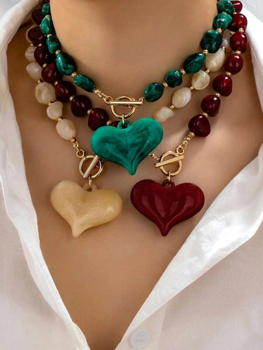 Vintage Chunky Beaded Heart Necklace