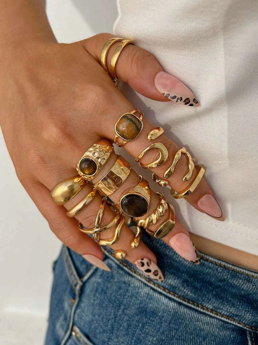 15/5pcs Vintage Old Money Style Elegant Fashion Faux Tiger Eye Stone Geometric Cross Hammered Hollow Ring Set Suitable For Women's Daily Wear