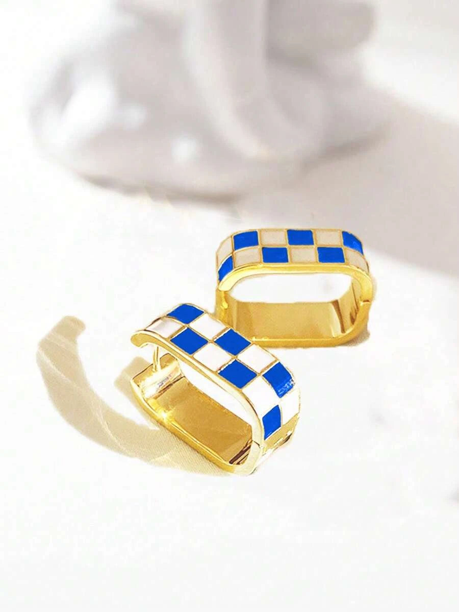 Gold Plated Brass Checkerboard Hoop Earrings