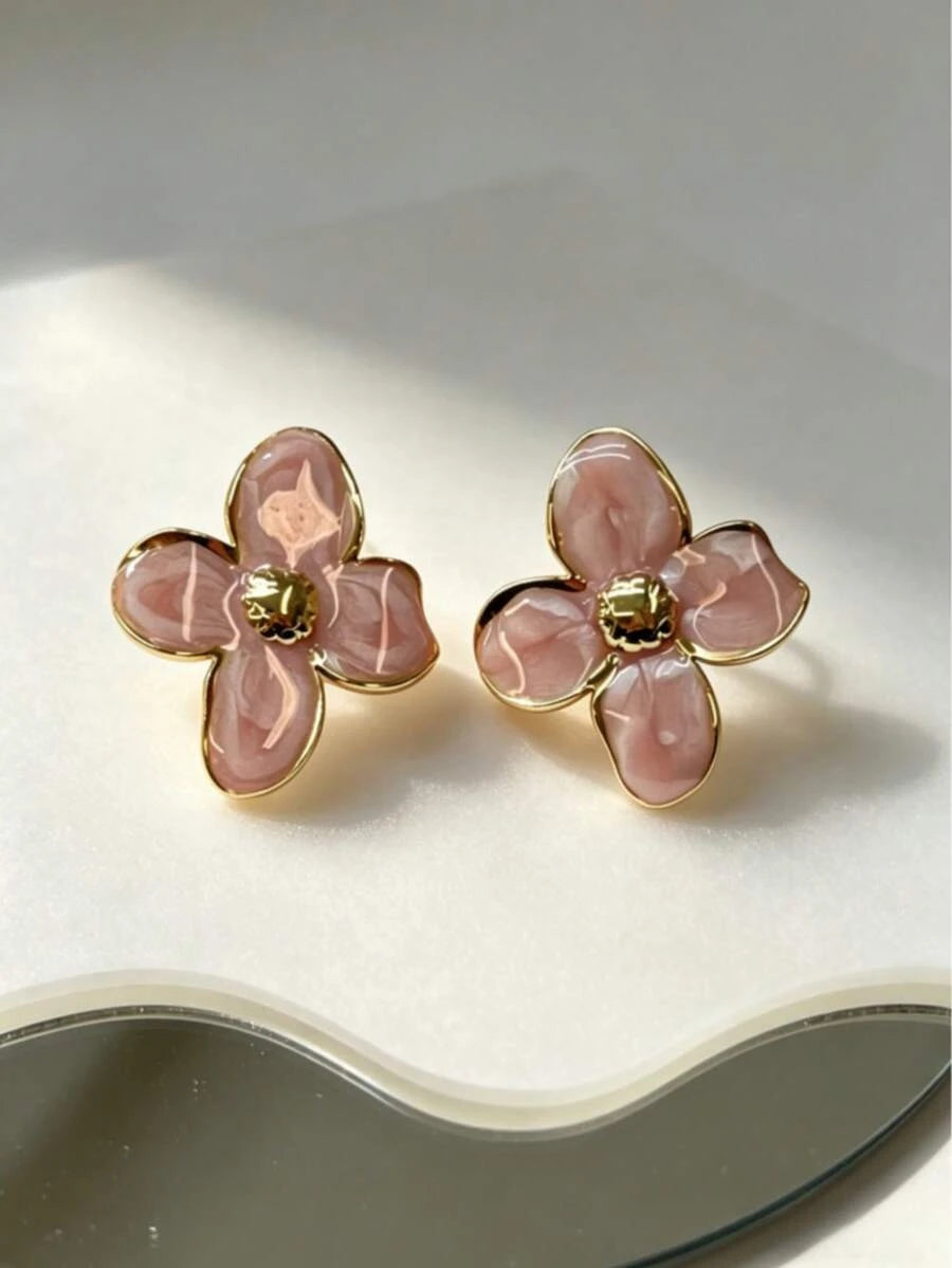 Pink Enamel Shell Stud Earrings