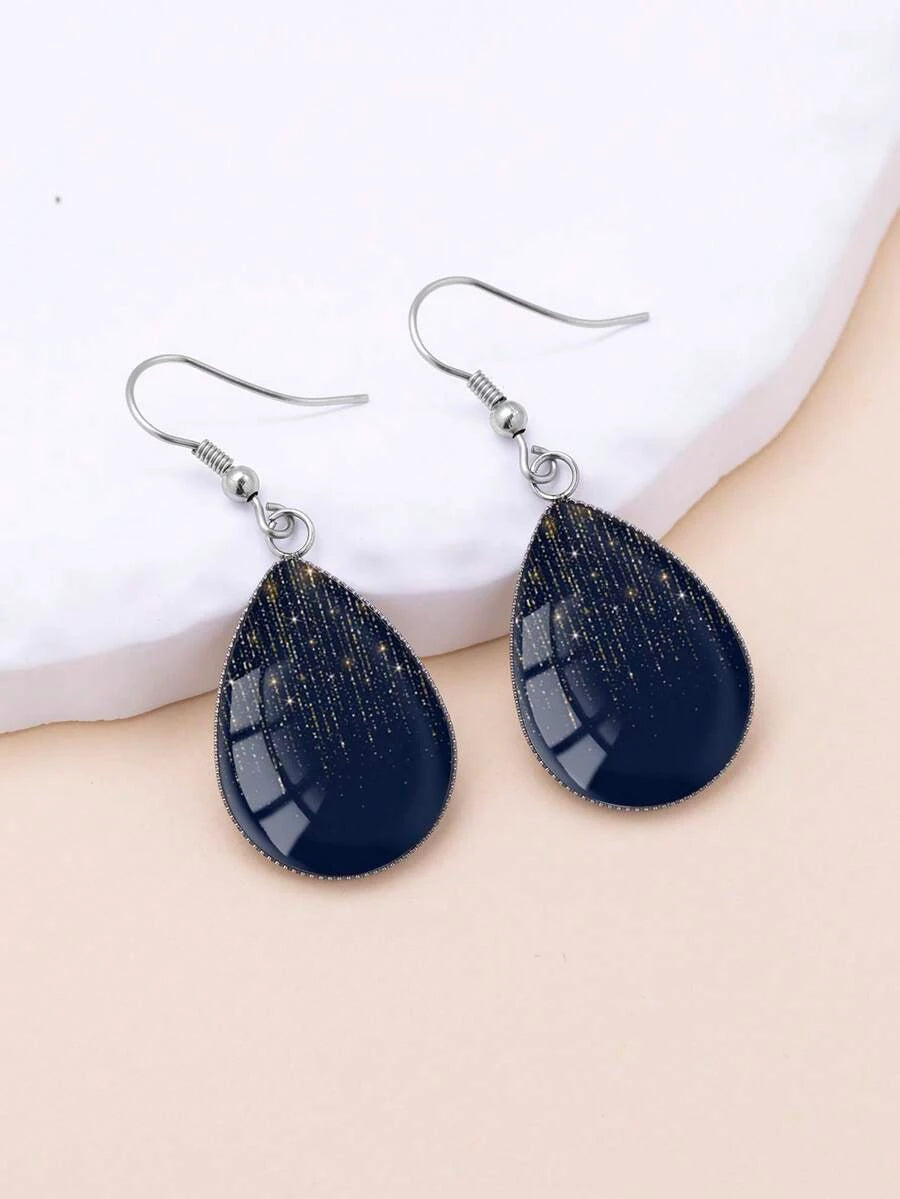 Navy Blue Starry Teardrop Earrings