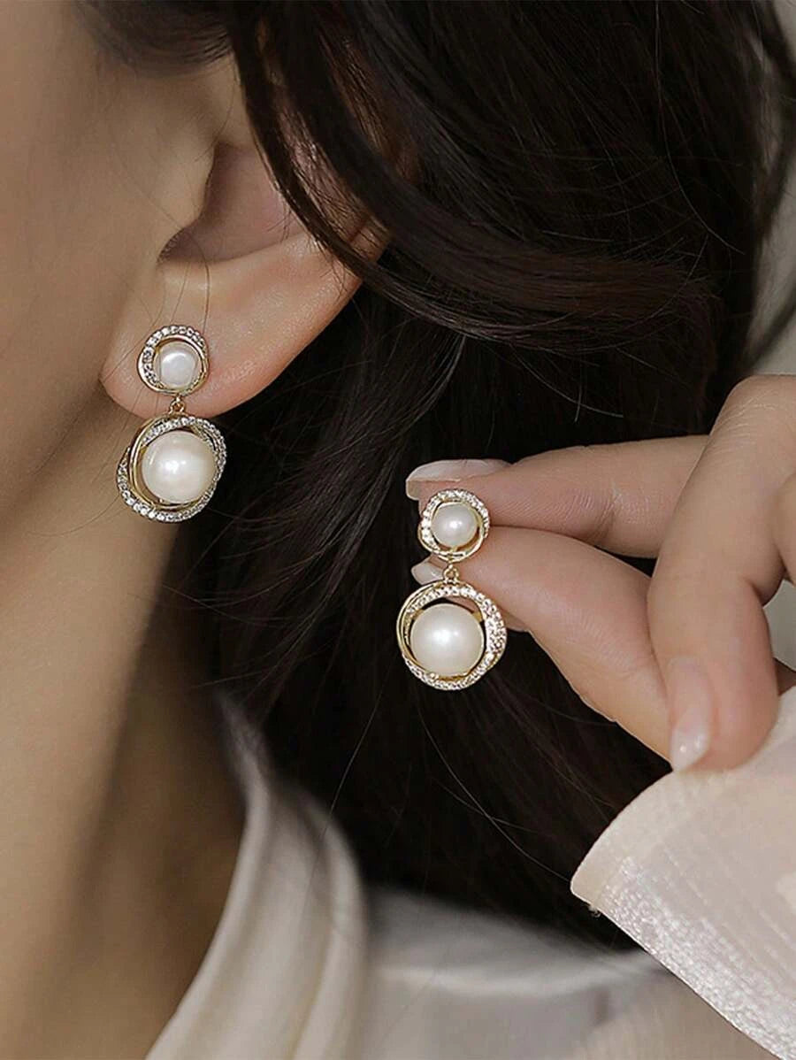 French Pearl Rhinestone Drop Earrings