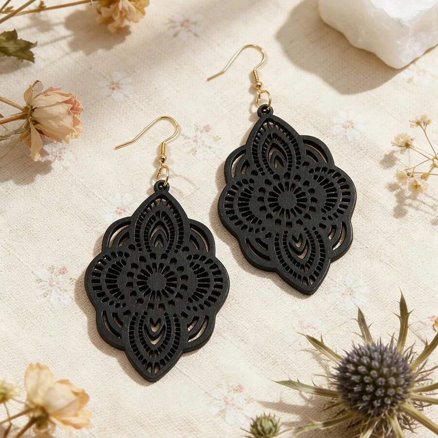 Wood Lace Pattern Carved Drop Earrings