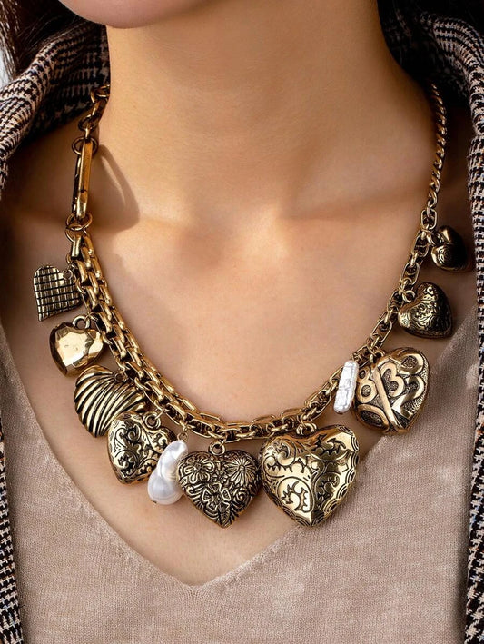 Vintage Heart Charm Pearl Necklace