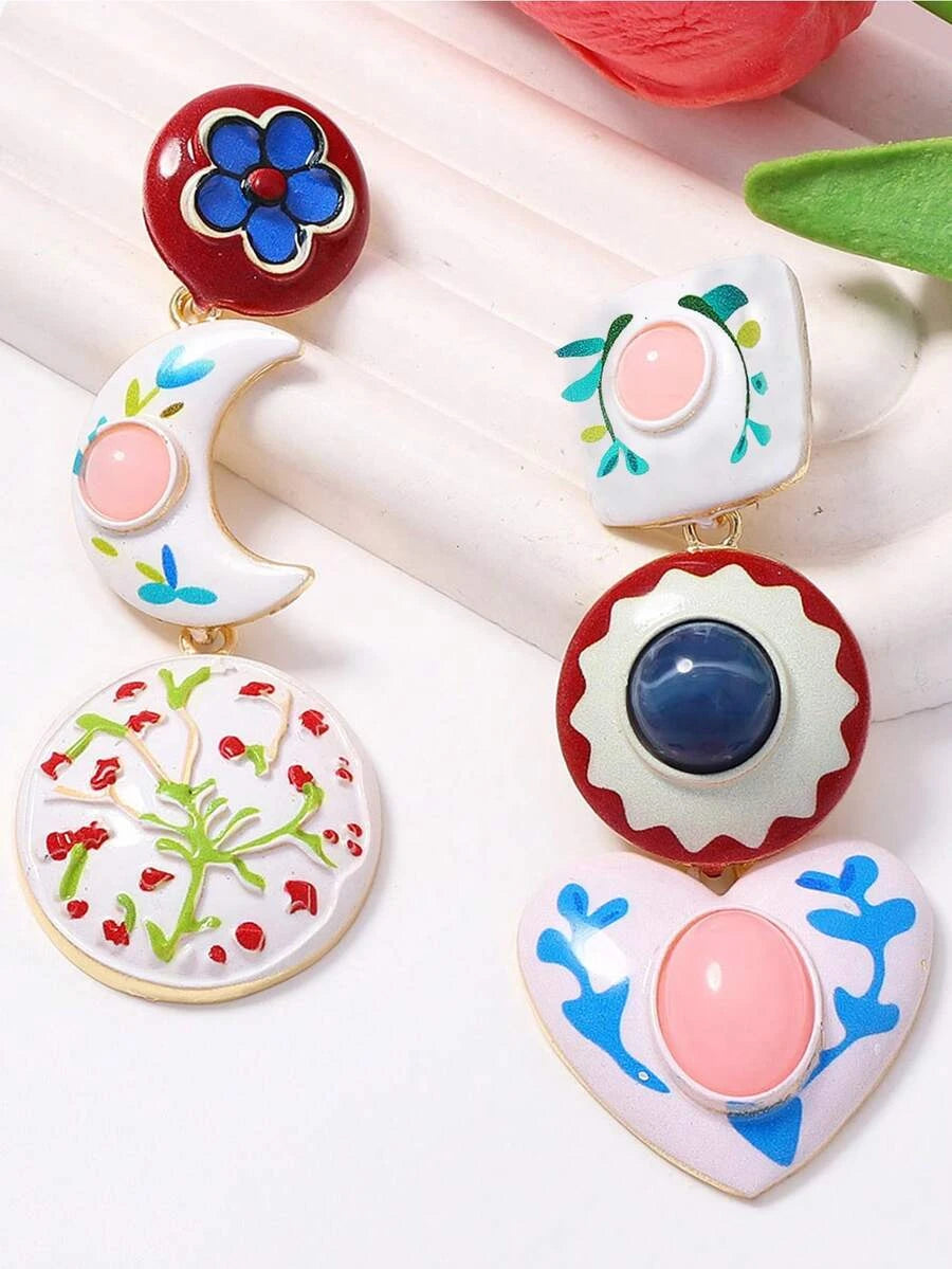 Vintage French Style Heart Moon Drop Earrings