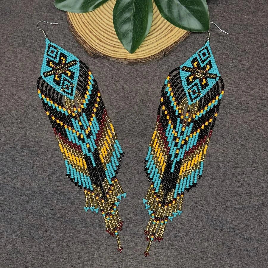 Geometric Beaded Tassel Earrings