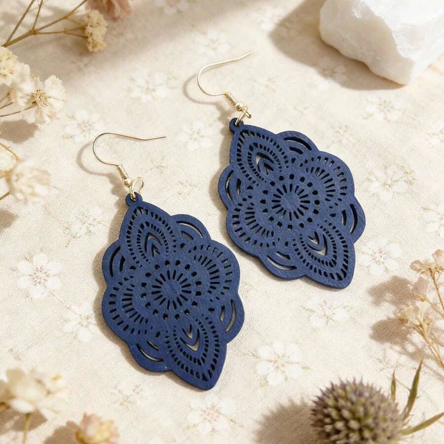 Wooden Lace Pattern Carved Pendant Earrings