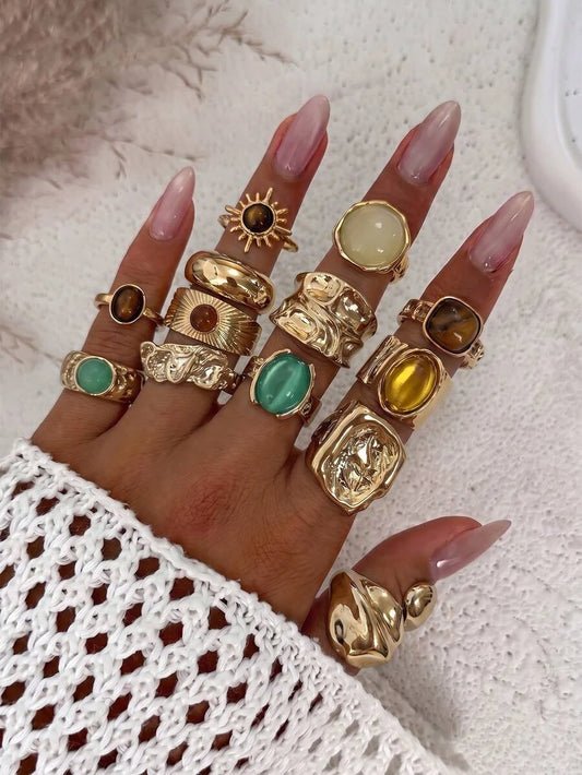 13pcs Sun Lava Liquid Metal Asymmetrical Flowing Or Hammered Texture Vintage Bohemian Style Maximalist Multi-Size Ring Set