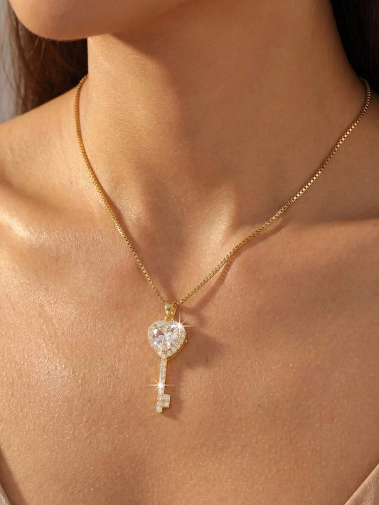 Gold Plated Heart Key Pendant Necklace