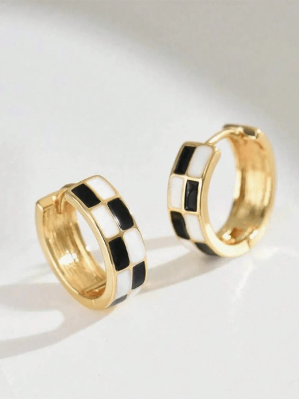 Gold Plated Brass Checkerboard Hoop Earrings