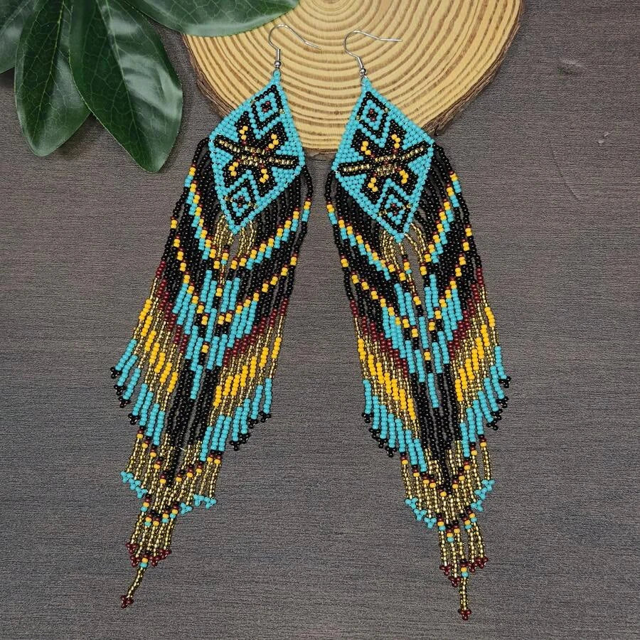 Geometric Beaded Tassel Earrings