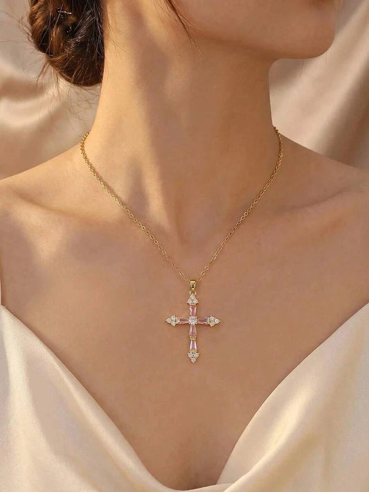 Gold-Plated Pink Crystal Cross Necklace