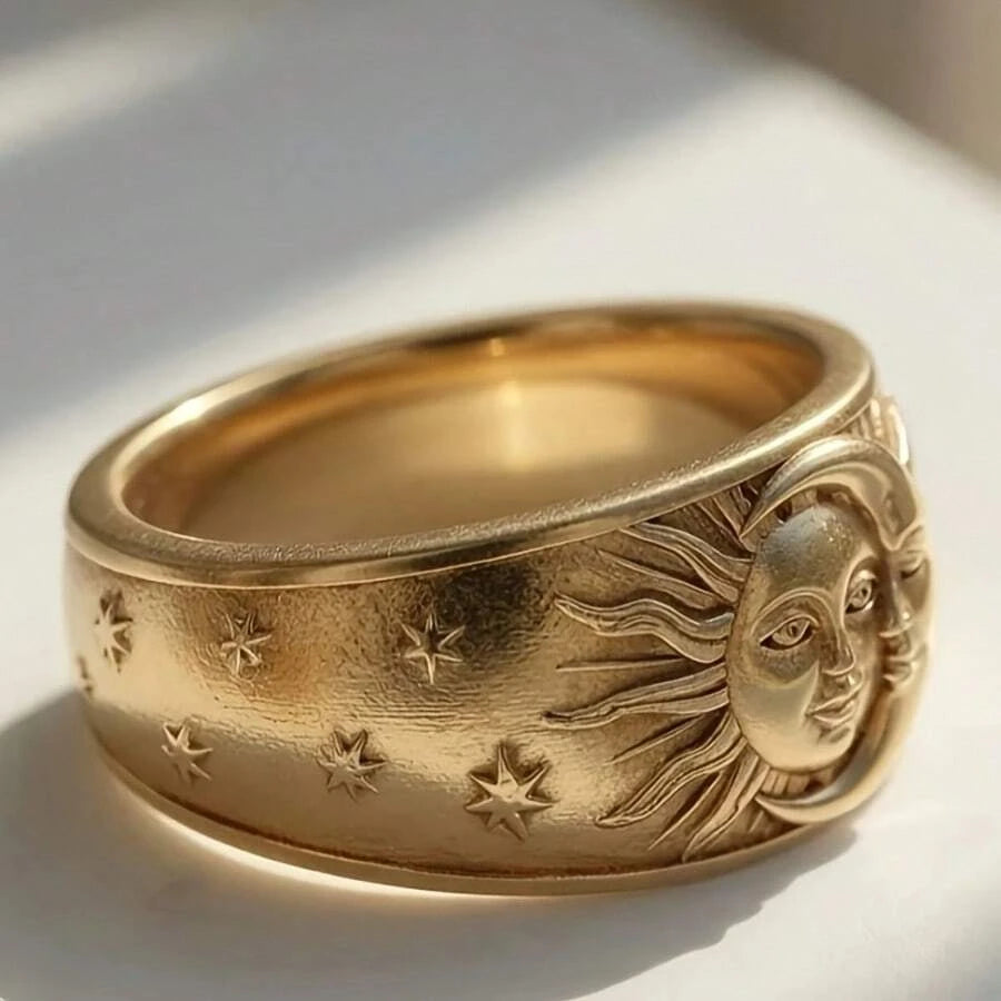 Vintage Court Style Gold Plated Engraved Sun Ring