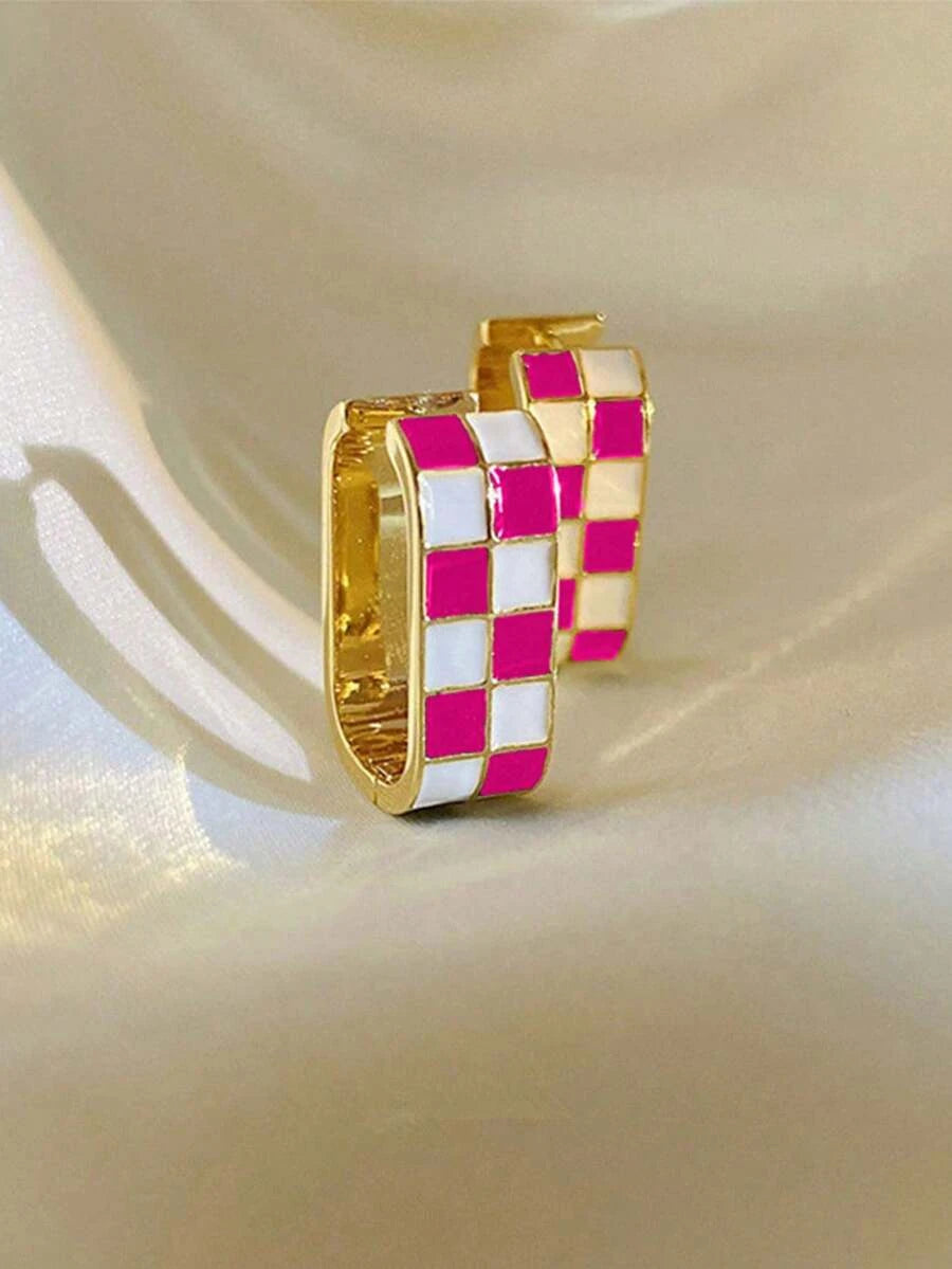 Gold Plated Brass Checkerboard Hoop Earrings
