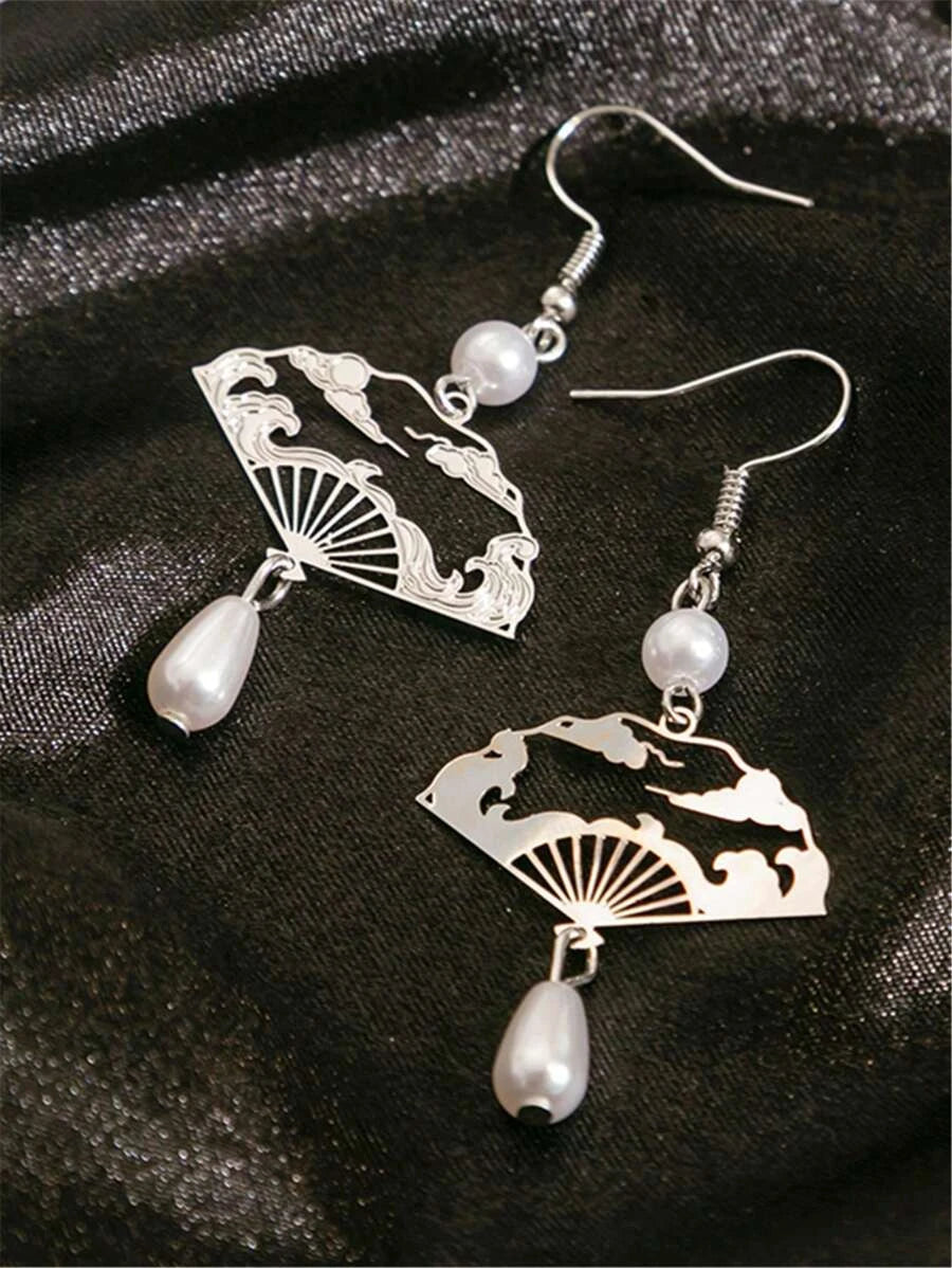 Chinese Style Folding Fan Pearl Earrings