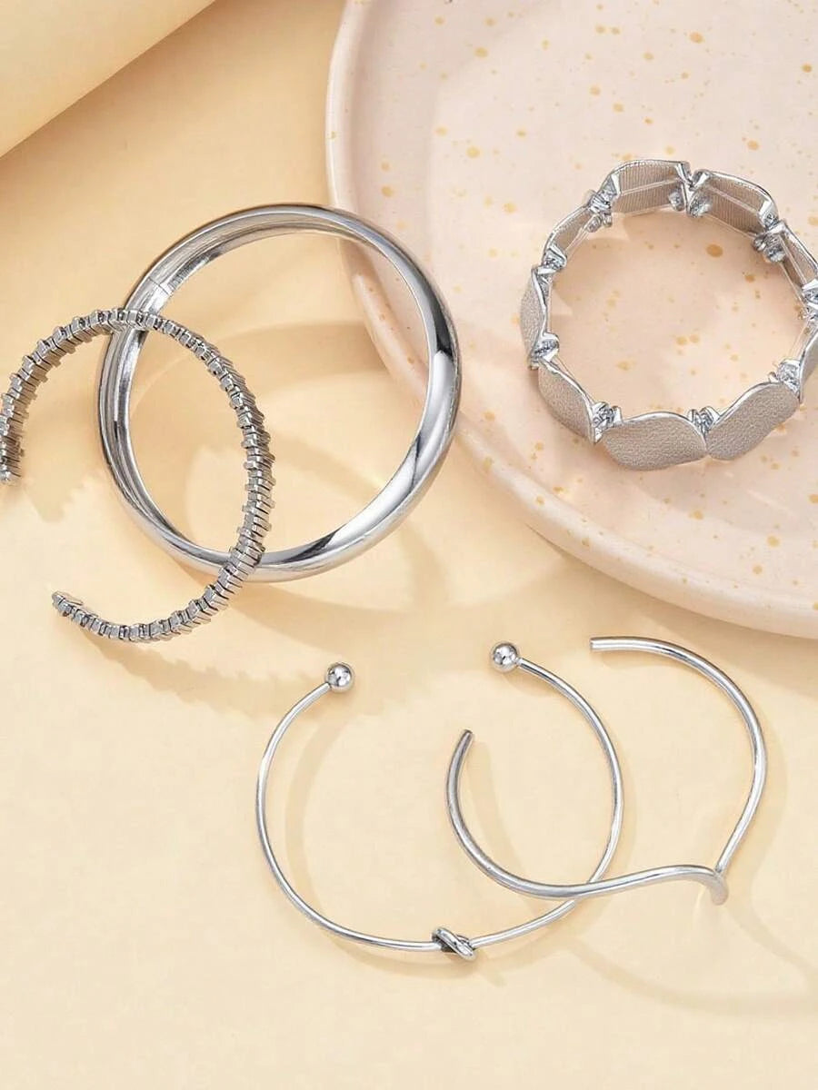 12pcs Vintage Exaggerated Luxurious Geometric Striped Twist Open Design Women Metal Silver Bangle Bracelet Set, Suitable For Daily Wear, Gift, Stackable