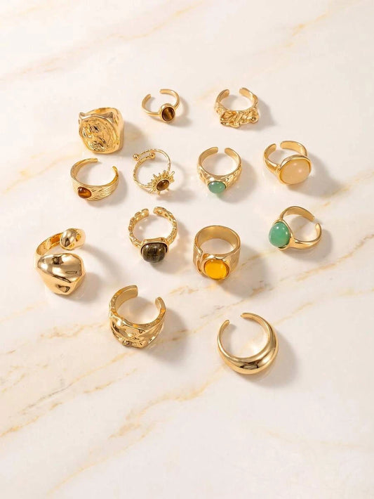 13pcs Solar Lava Liquid Metal Asymmetrical Flowing Or Hammered Texture Vintage Bohemian Style Maximalist Multi-Size Ring Set, Suitable For Parties, Gifts For Friends And Family, Daily Wear, Aesthetic, Statement Piece