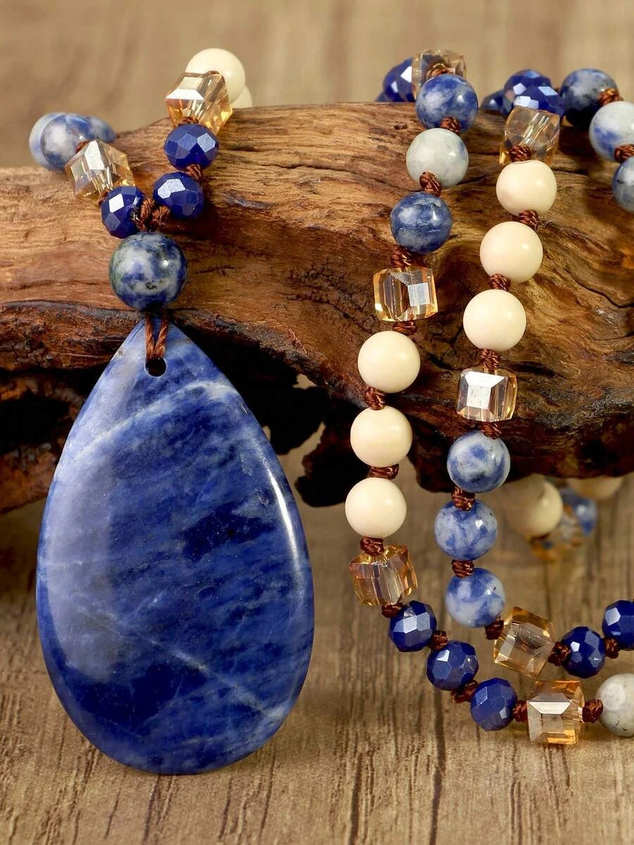 Bohemian Blue Lapis Lazuli Teardrop Pendant Necklace