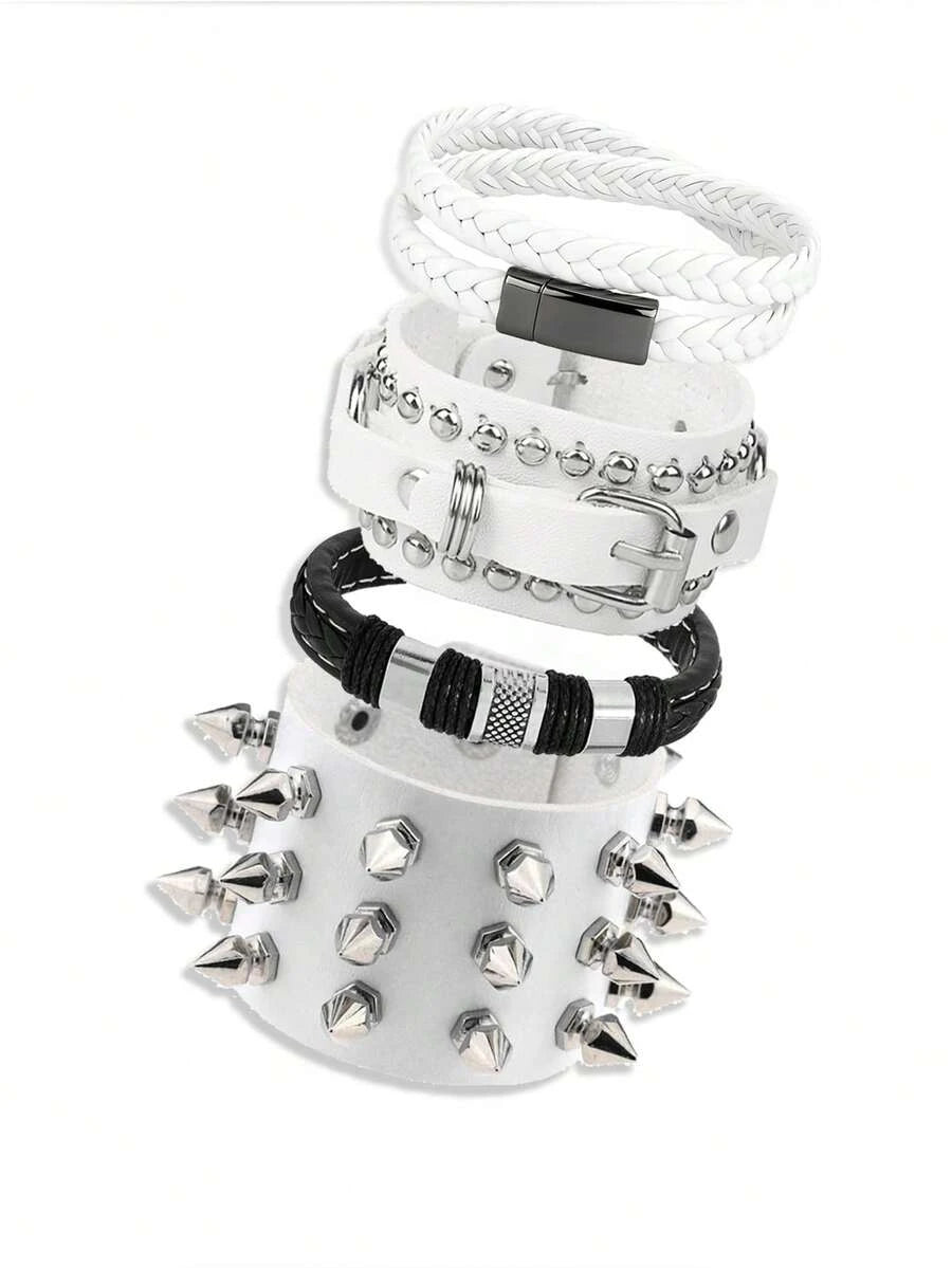Punk Studded Faux Leather Bracelet Set