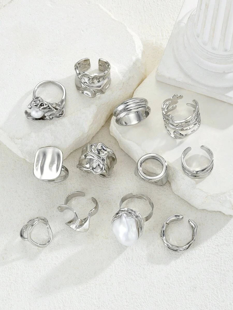 12/6pcs Set Elegant Vintage Delicate Party Style Faux Pearl Ruffle Geometric Metal Rings Set, Geometric Line Design Suitable For Women Daily, Party, Vacation Wear, Versatile Stackable, Perfect Gift For Holidays