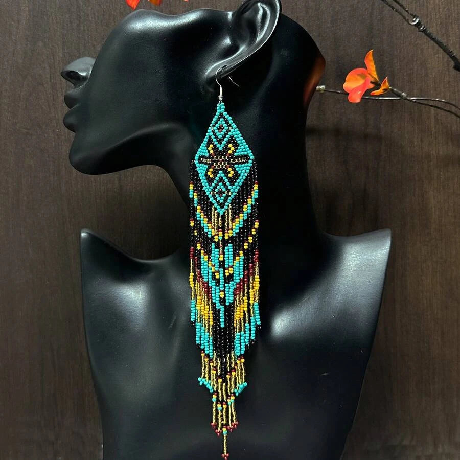 Geometric Beaded Tassel Earrings