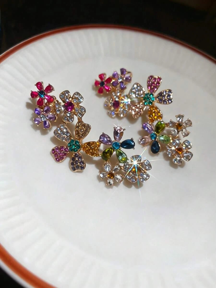 Colorful Floral Rhinestone Clip On Earrings