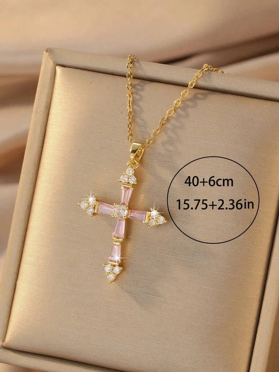 Gold-Plated Pink Crystal Cross Necklace