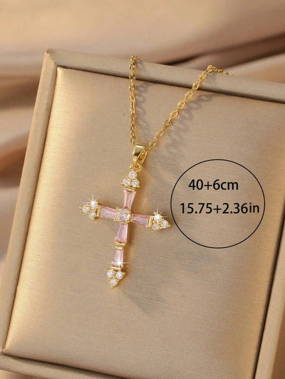Gold-Plated Pink Crystal Cross Necklace