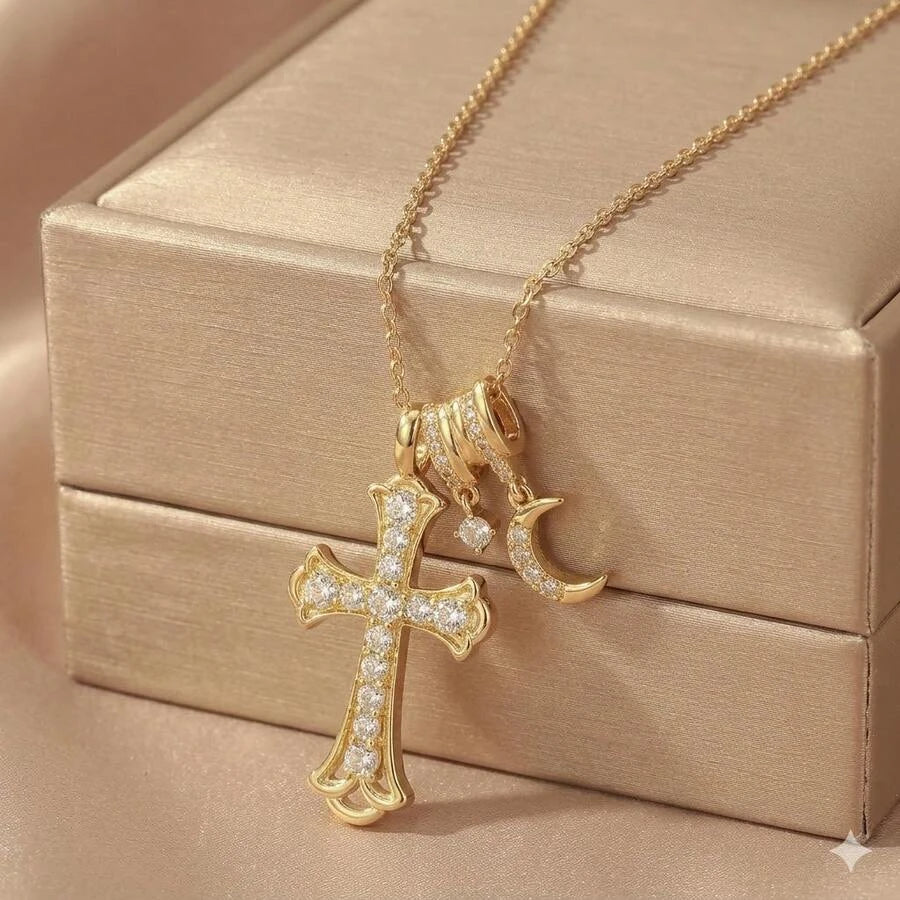 Gold Waterproof Stainless Steel Double Cross Necklace