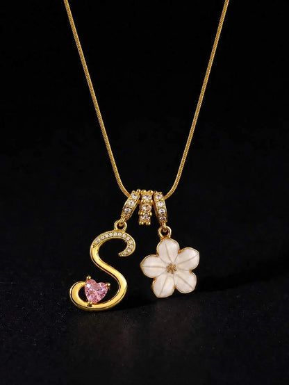 Pink Floral Heart Initial Necklace