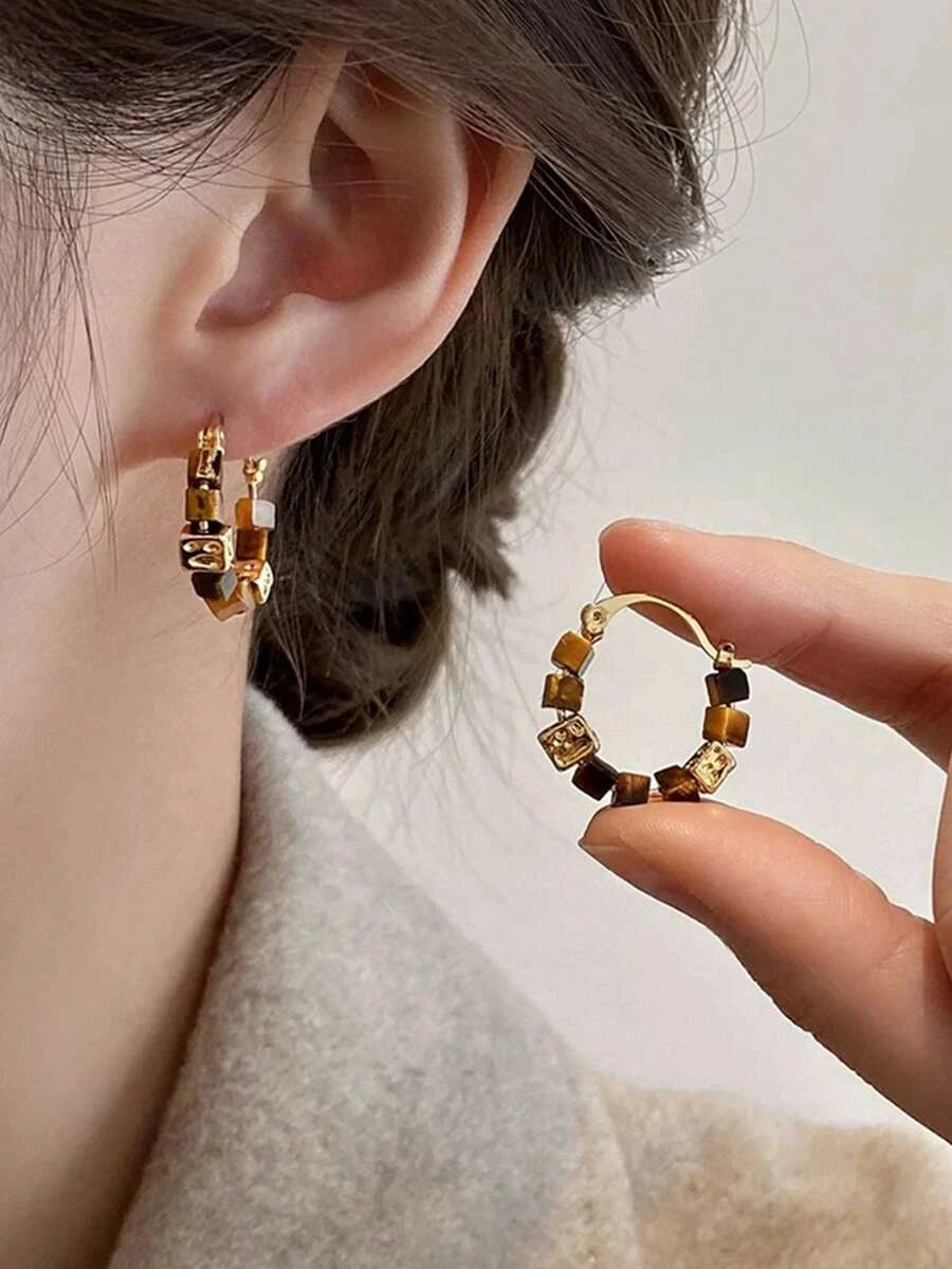 Tiger Eye Beaded Hoop Earrings