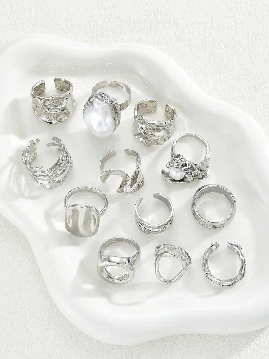 12/6pcs Set Elegant Vintage Delicate Party Style Faux Pearl Ruffle Geometric Metal Rings Set, Geometric Line Design Suitable For Women Daily, Party, Vacation Wear, Versatile Stackable, Perfect Gift For Holidays