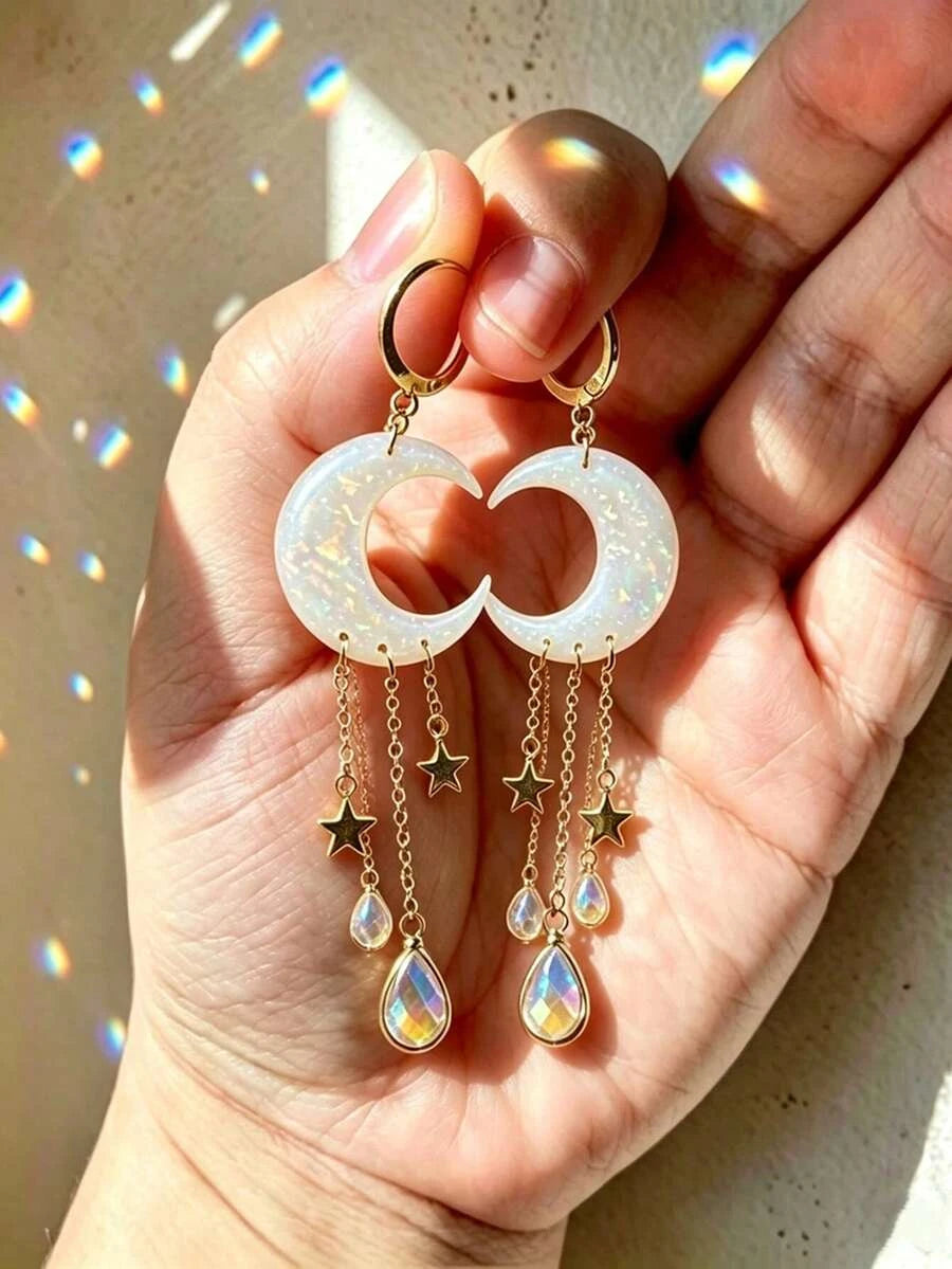 Moon Star Tassel Opal Earrings
