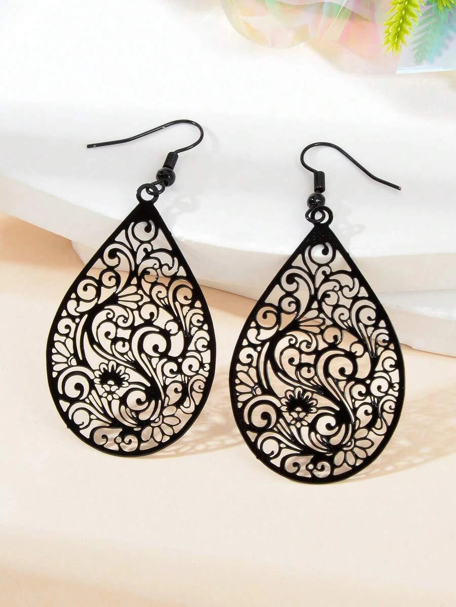 Black Hollow Teardrop Earrings